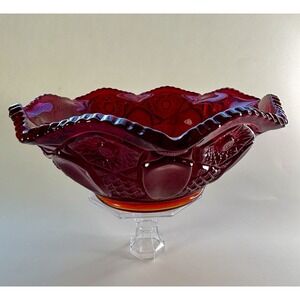 Vintage Ruby Red Pressed Glass Bowl Scalloped Rim‎ Starburst Base